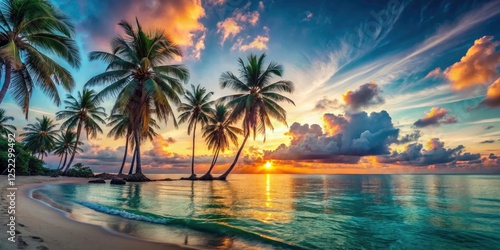 Stunning sunset views, panoramic beach, tropical island paradise, exotic photo.