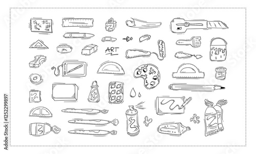 artist tool icon, hand drawn art supplies icon, doodle artist kit icon set