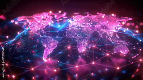 Vibrant world map with glowing connections and digital network design