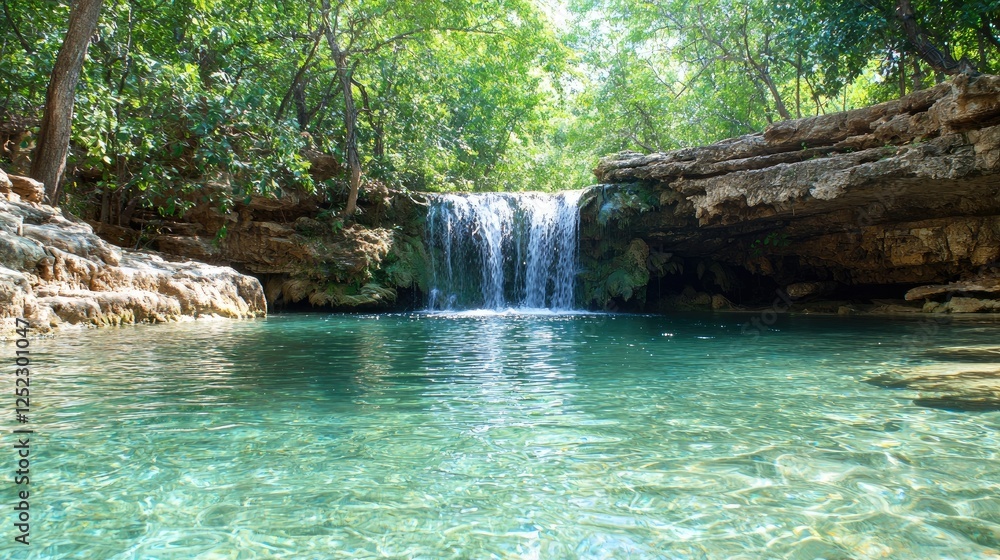 Naklejka premium Tranquil waterfall cascading into crystal-clear pool, lush forest background. Possible use Nature, travel