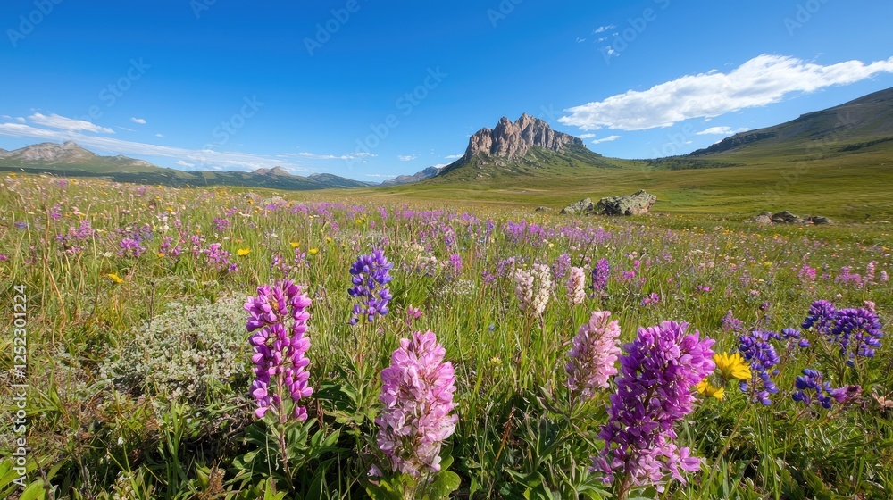 Colorful wildflowers in mountain meadow under blue sky Colorful wildflowers in mountain meadow under blue sky