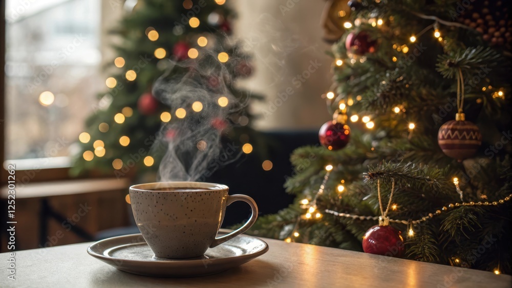 A warm steaming cup of hot beverage sits on a saucer next to a festively decorated Christmas tree with warm lighting. A warm steaming cup of hot beverage sits on a saucer next to a festively decorated Christmas tree with warm lighting.