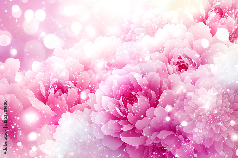 Fototapeta premium A pink flowery background with a bunch of pink flowers in the foreground. The flowers are in various sizes and are scattered throughout the image. Scene is soft and delicate