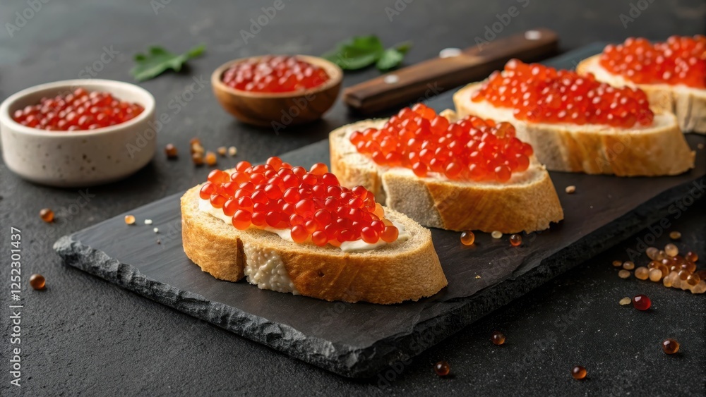 Appetizing baguette slices topped with creamy butter and vibrant red caviar, artfully arranged on a dark slate serving board. Appetizing baguette slices topped with creamy butter and vibrant red caviar, artfully arranged on a dark slate serving board.