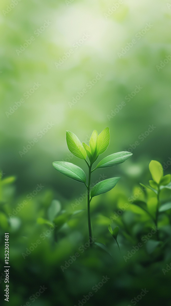Naklejka premium green plant growing in soil in the morning sun environmental space for copy text backdrop background vertical mobile wallpaper format social media post marketing branding