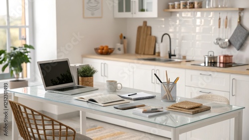 Wallpaper Mural A Minimalist Kitchen Workspace Featuring a Laptop, Notebooks, and Office Supplies on a Glass-Top Table Torontodigital.ca