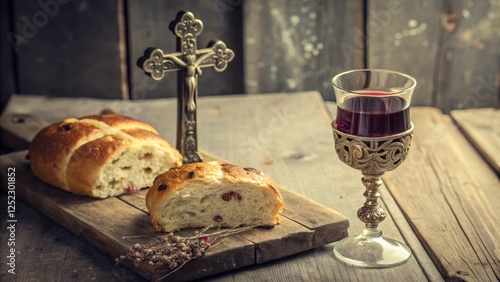 A rustic still life featuring holy bread, consecrated wine, and a crucifix on a wooden surface.