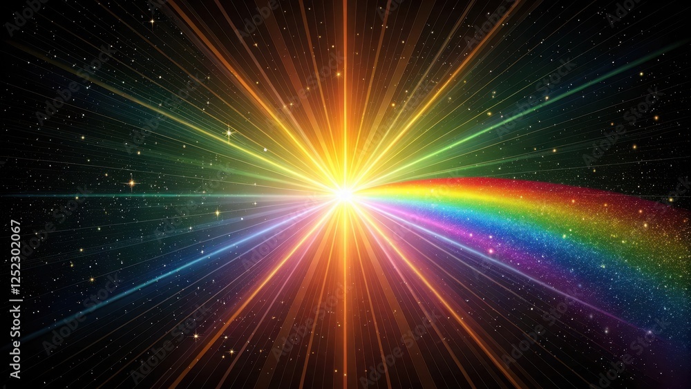 Celestial Burst A radiant star with prismatic beams and a glittering rainbow arc in a cosmic expanse Celestial Burst A radiant star with prismatic beams and a glittering rainbow arc in a cosmic expanse