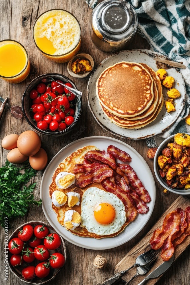 A top-down view of a rustic breakfast spread, including pancakes, scrambled eggs, crispy bacon, and fresh orange juice, cozy morning vibes A top-down view of a rustic breakfast spread, including pancakes, scrambled eggs, crispy bacon, and fresh orange juice, cozy morning vibes