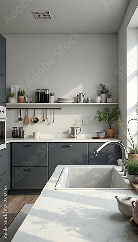 up illustration black dishes render sink white kitchen mock decor interior 3d furniture three-dimensional apartment background blank bright canvas clean cooking countertop country decor decoration