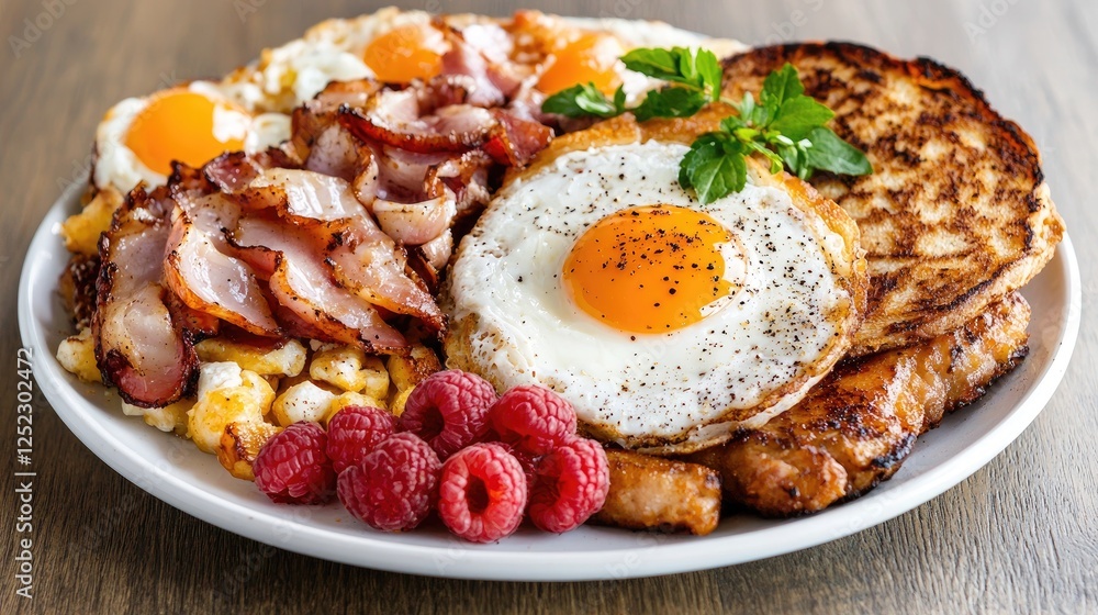 Plate of Breakfast with Eggs, Bacon, Pancakes, and Raspberries on Wooden Table Plate of Breakfast with Eggs, Bacon, Pancakes, and Raspberries on Wooden Table