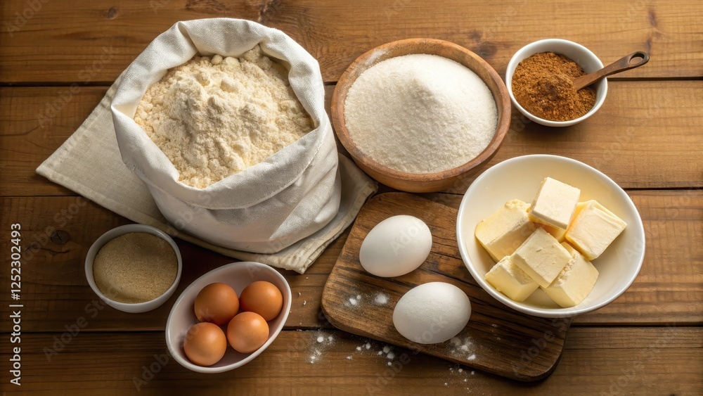 A Rustic Still Life of Baking Ingredients Flour, Sugar, Butter, Eggs, and Spices on a Wooden Surface A Rustic Still Life of Baking Ingredients Flour, Sugar, Butter, Eggs, and Spices on a Wooden Surface