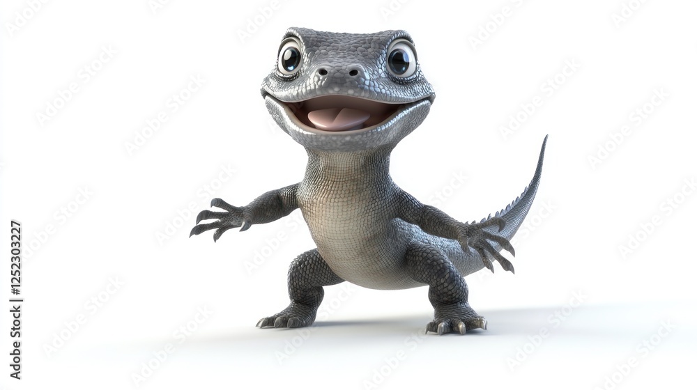 Obraz premium Happy cartoon lizard posing, white background, children's book illustration