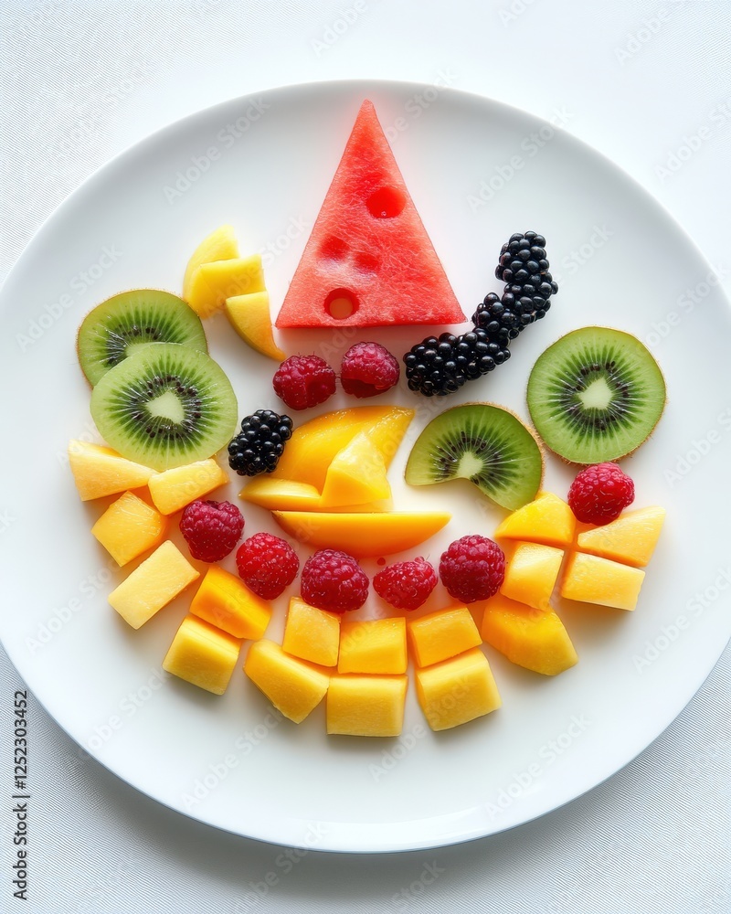 A vibrant fruit platter with sliced watermelon, kiwi, mango, and berries, arranged artistically on a white plate, tropical freshness A vibrant fruit platter with sliced watermelon, kiwi, mango, and berries, arranged artistically on a white plate, tropical freshness