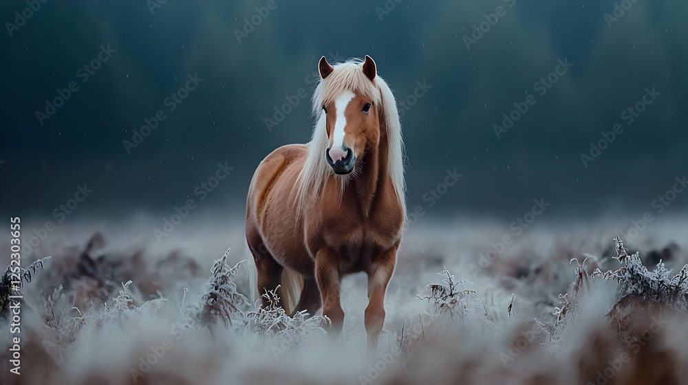 Obraz premium Majestic Haflinger horse in frosty field, winter landscape, nature photography