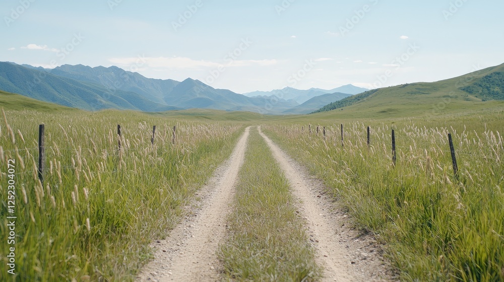 Grassy valley road leads to mountains Grassy valley road leads to mountains