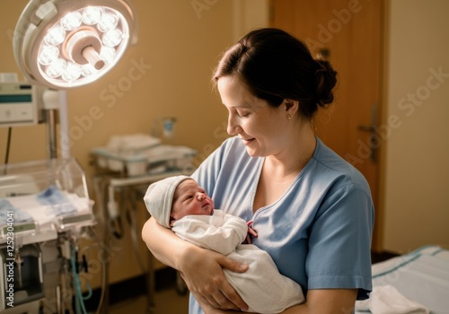 Nurse holding newborn baby in hospital room