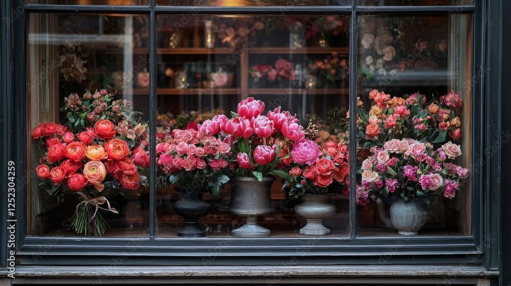 Fototapeta premium beautifully arranged display of luxurious bouquets catches eye in flower shop's window. Rich colors and elegant wrapping enhance inviting setting and cozy ambiance.