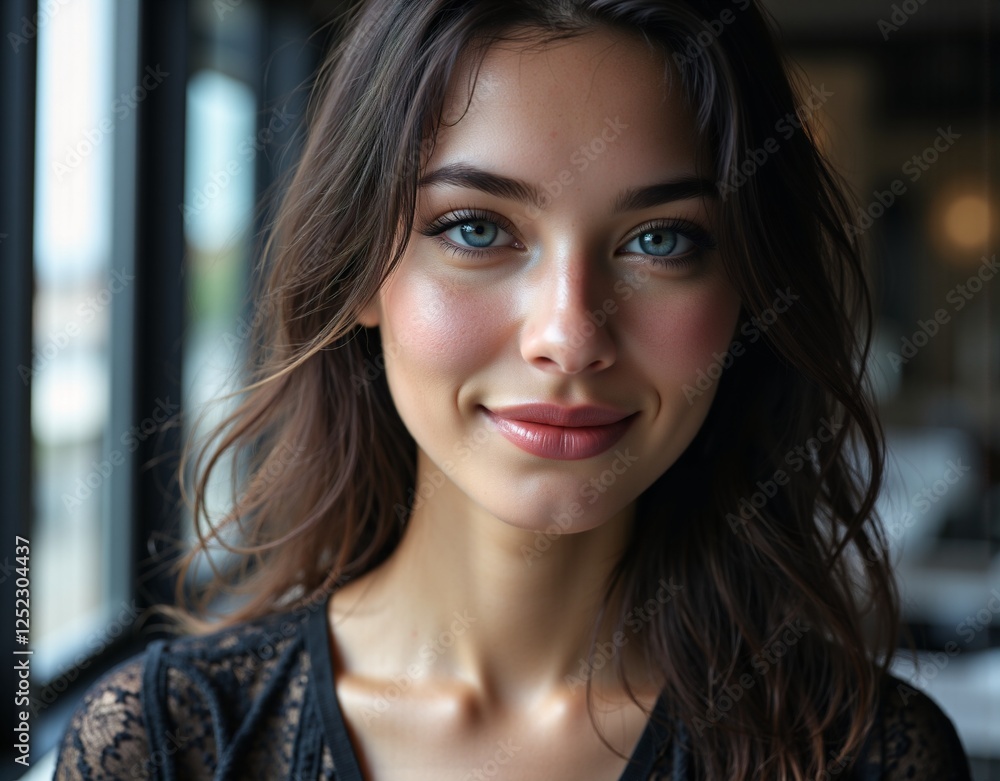 Radiant portrait of a joyful woman with natural makeup against a soft focus background, photography of portraiture concept. Radiant portrait of a joyful woman with natural makeup against a soft focus background, photography of portraiture concept.