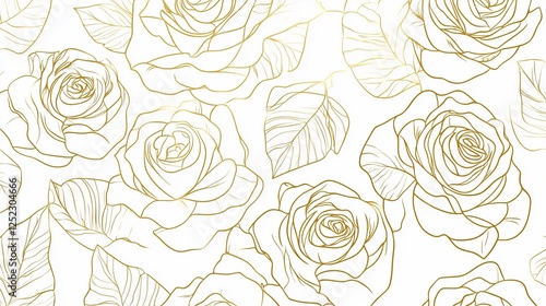 Fototapeta Naklejka Na Ścianę i Meble -  Abstract seamless pattern featuring rose flower outlines with golden lines on a white background, designed for wedding invitations, packaging, or elegant wallpaper. Vector illustration.  