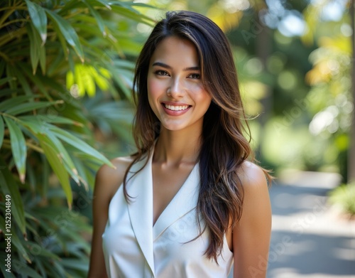 Captivating portrait of a smiling woman surrounded by lush tropical foliage, photography of portrait concept. photo