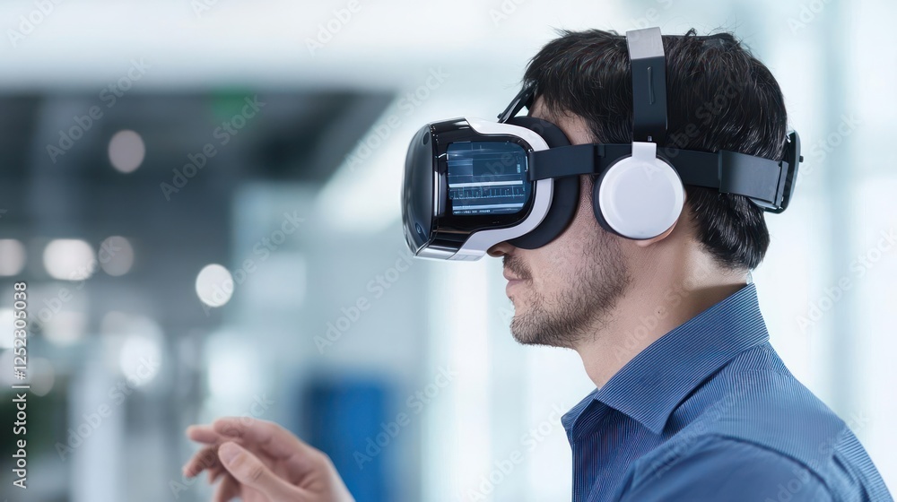 Man Wearing Vr Headset In Modern Office Man Wearing Vr Headset In Modern Office