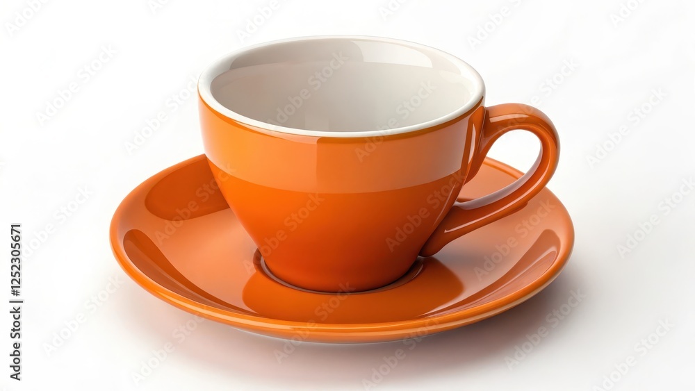 A vibrant orange coffee cup and saucer, empty and ready for a warm beverage, sits on a pristine white background. A vibrant orange coffee cup and saucer, empty and ready for a warm beverage, sits on a pristine white background.