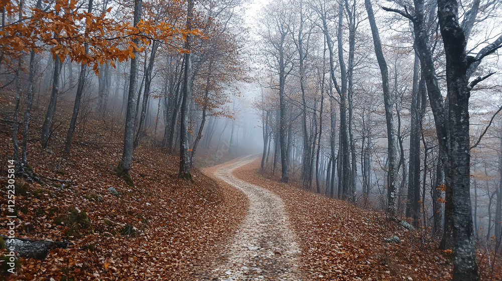 A landscape featuring beautiful fog in a forest on a hill, creating a magical atmosphere with autumn leaves scattered along the path. A landscape featuring beautiful fog in a forest on a hill, creating a magical atmosphere with autumn leaves scattered along the path.