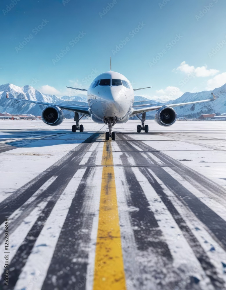 Naklejka premium Aircraft on runway at airport in the middle of winter with fresh snowfall and clear blue sky, ice, airport