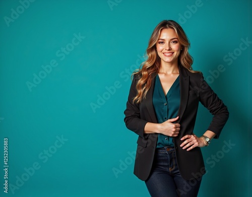 Confident young woman in stylish attire against a vibrant teal background, photography of portrait concept.
