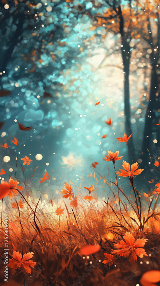 Fototapeta premium orange flowers in clearing in the woods autumn forest mobile wallpaper vertical format background nature landscape backdrop social media post book cover design