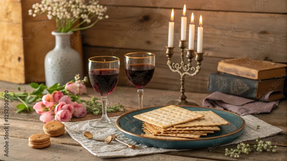 A Seder Plate with Matzah, Wine, and Candles for a Festive Meal A Seder Plate with Matzah, Wine, and Candles for a Festive Meal