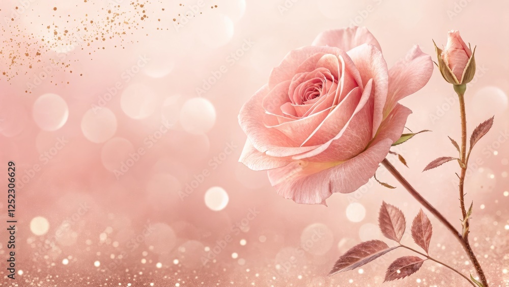 A Delicate Pink Rose Blossom with a Bud, Adorned with Sparkling Golden Dust on a Soft Pink Background