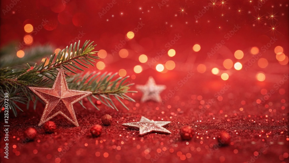 Fototapeta premium Festive red glitter background with evergreen branch and sparkling stars for a joyful holiday scene.