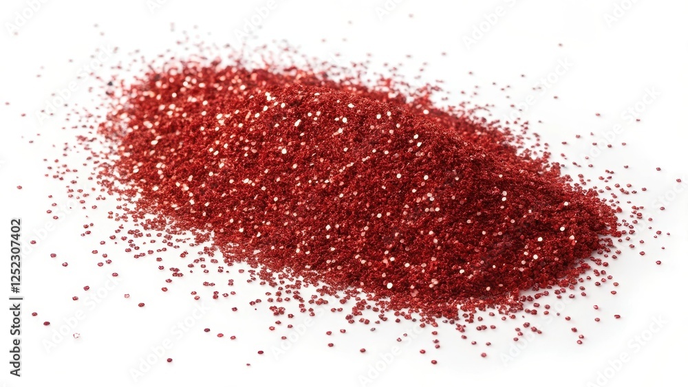 A shimmering pile of ruby red glitter sparkles against a pristine white background A shimmering pile of ruby red glitter sparkles against a pristine white background