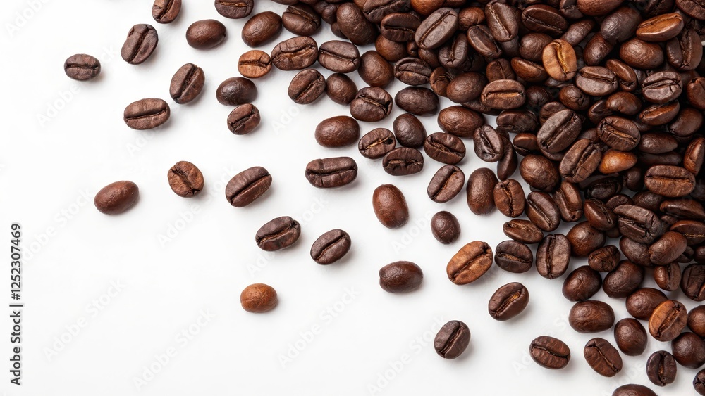 Naklejka premium Aromatic Roasted Coffee Beans Scattered on White Background, Showing Rich Brown Hues and Textured Surfaces