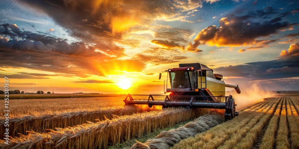 Obraz premium Summer sun sets on a combine harvesting golden wheat fields, painting a picture of agricultural productivity.