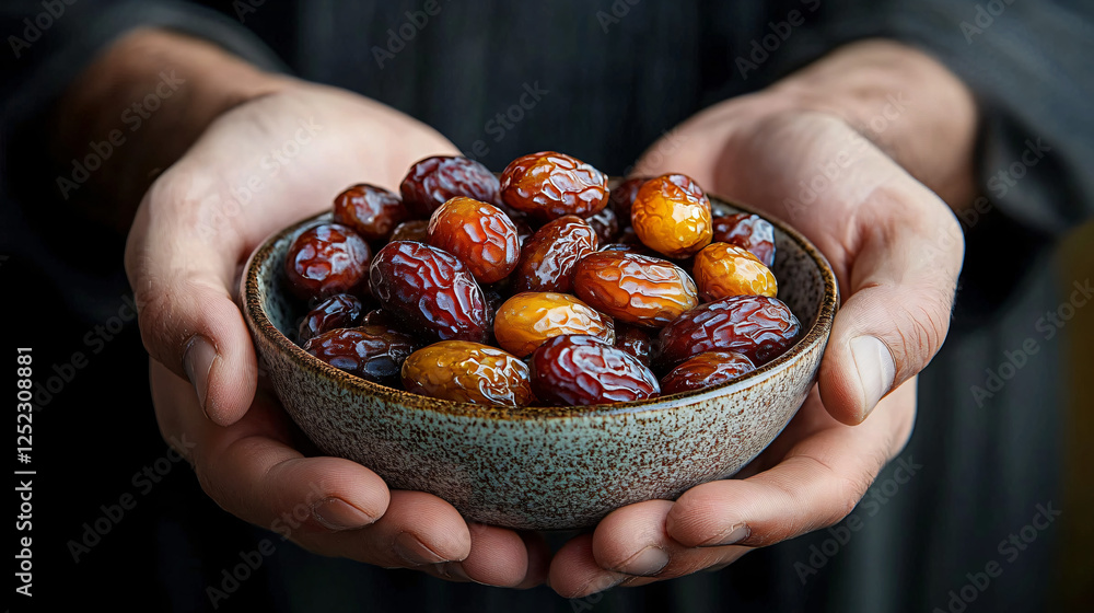 A warm, intimate image of a man holding a bowl of assorted dates, perfect for Ramadan, Eid-al-Adha celebrations, and food charity campaigns. A warm, intimate image of a man holding a bowl of assorted dates, perfect for Ramadan, Eid-al-Adha celebrations, and food charity campaigns.