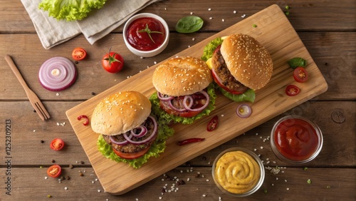 Wallpaper Mural Three Gourmet Burgers on Wooden Board with Condiments Torontodigital.ca