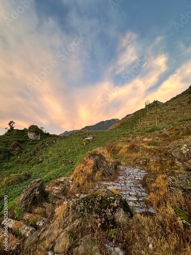 Wallpaper Mural View of rice terraces with mountains in the background. Kajoran, Indonesia.

View of sunrise with reddish sky in a mountainous landscape. Kejajar, Wonosobo, Indonesia. Torontodigital.ca