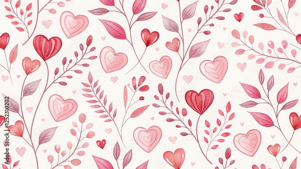 A Romantic Watercolor Pattern Featuring Delicate Hearts and Botanical Elements A Romantic Watercolor Pattern Featuring Delicate Hearts and Botanical Elements