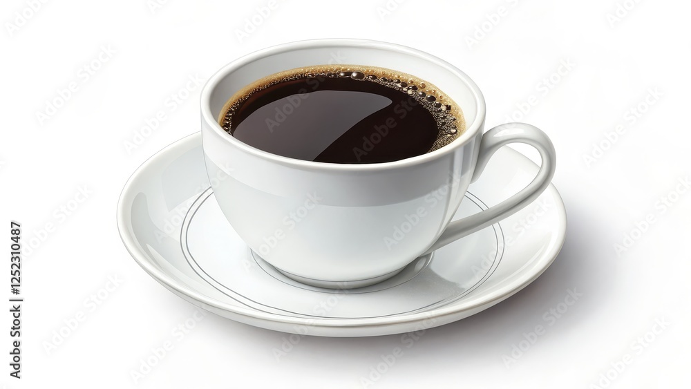 Aromatic cup of dark coffee in a pristine white mug, resting on a matching saucer with subtle gray concentric circles. Aromatic cup of dark coffee in a pristine white mug, resting on a matching saucer with subtle gray concentric circles.
