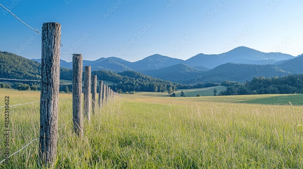 Fototapeta premium Rural landscape with wooden fence and mountains. Peaceful pasture. Great for nature, travel, or desktop use