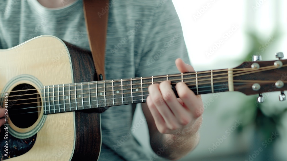 Fototapeta premium A person playing an acoustic guitar, showcasing finger positioning and technique, set in a bright, modern environment.