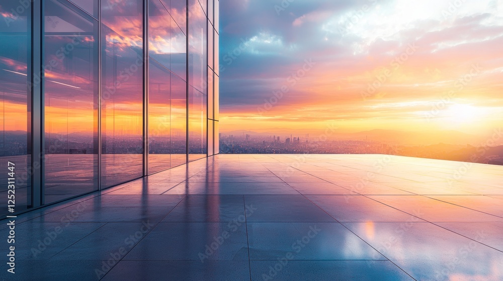Fototapeta premium Cityscape Sunset Reflection: Modern Architecture at Golden Hour