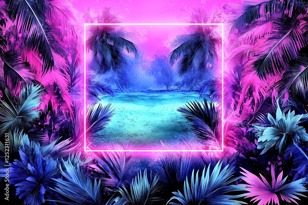 A neon sign with a blue background and green palm trees. The sign is surrounded by a blue and pink background A neon sign with a blue background and green palm trees. The sign is surrounded by a blue and pink background