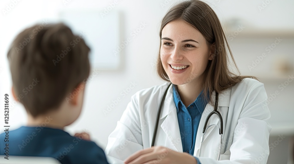 A friendly doctor interacts with a young patient, creating a comforting atmosphere in a medical setting. A friendly doctor interacts with a young patient, creating a comforting atmosphere in a medical setting.
