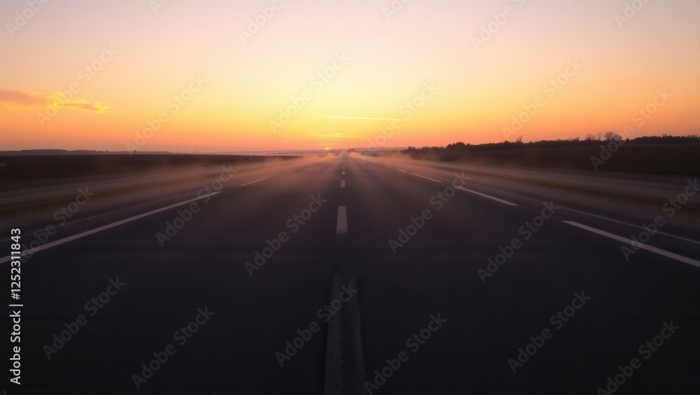 Endless Road at Sunset with Misty Horizon Endless Road at Sunset with Misty Horizon