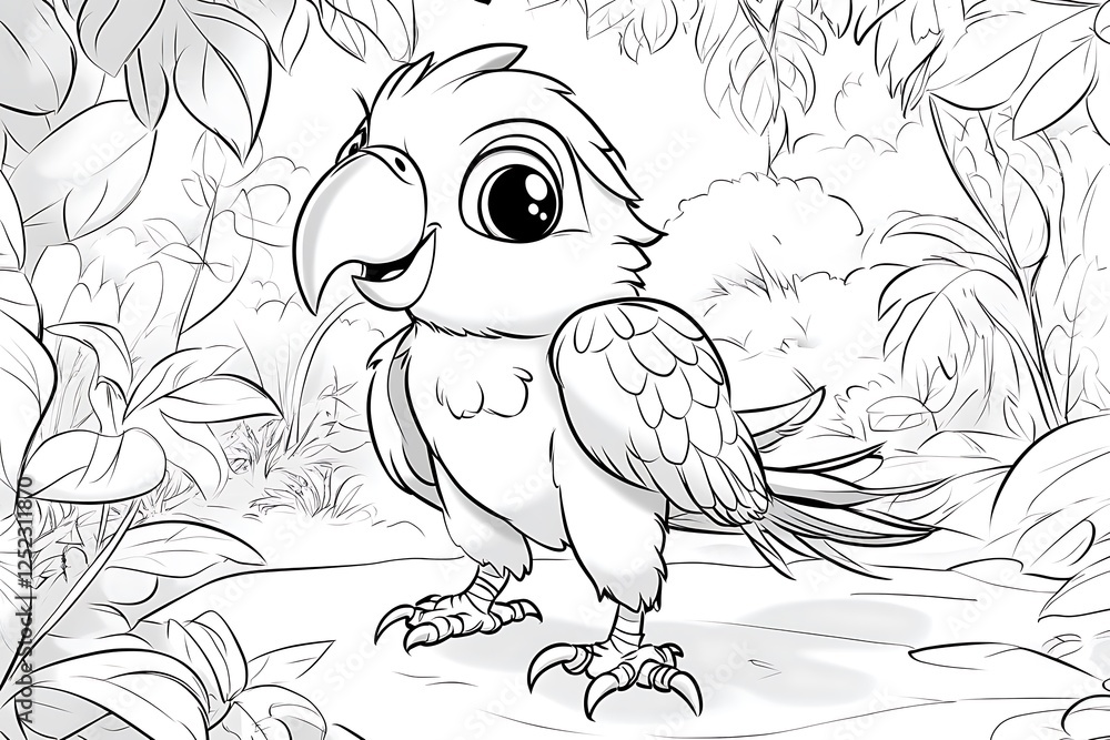 Obraz premium Colorful parrot coloring page jungle setting printable art kids activity fun design
