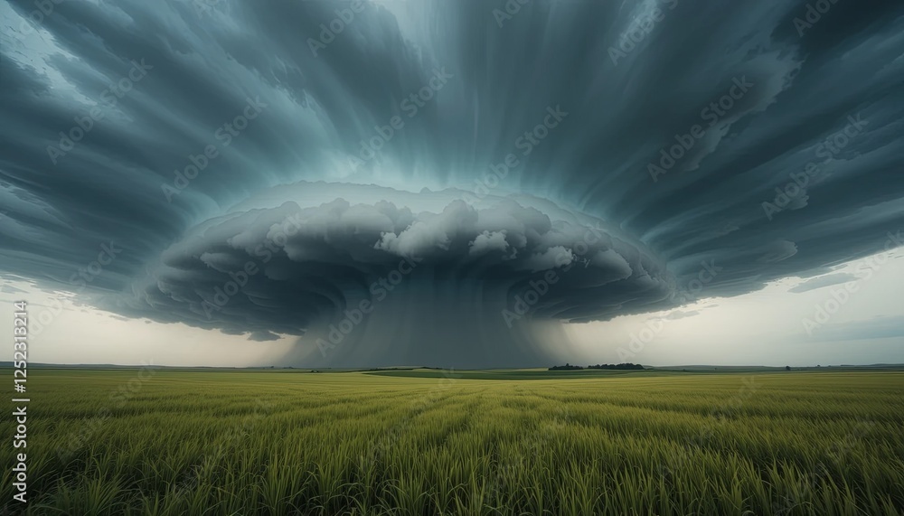 Dramatic storm formation over green fields nature scene wide angle atmospheric conditions Dramatic storm formation over green fields nature scene wide angle atmospheric conditions